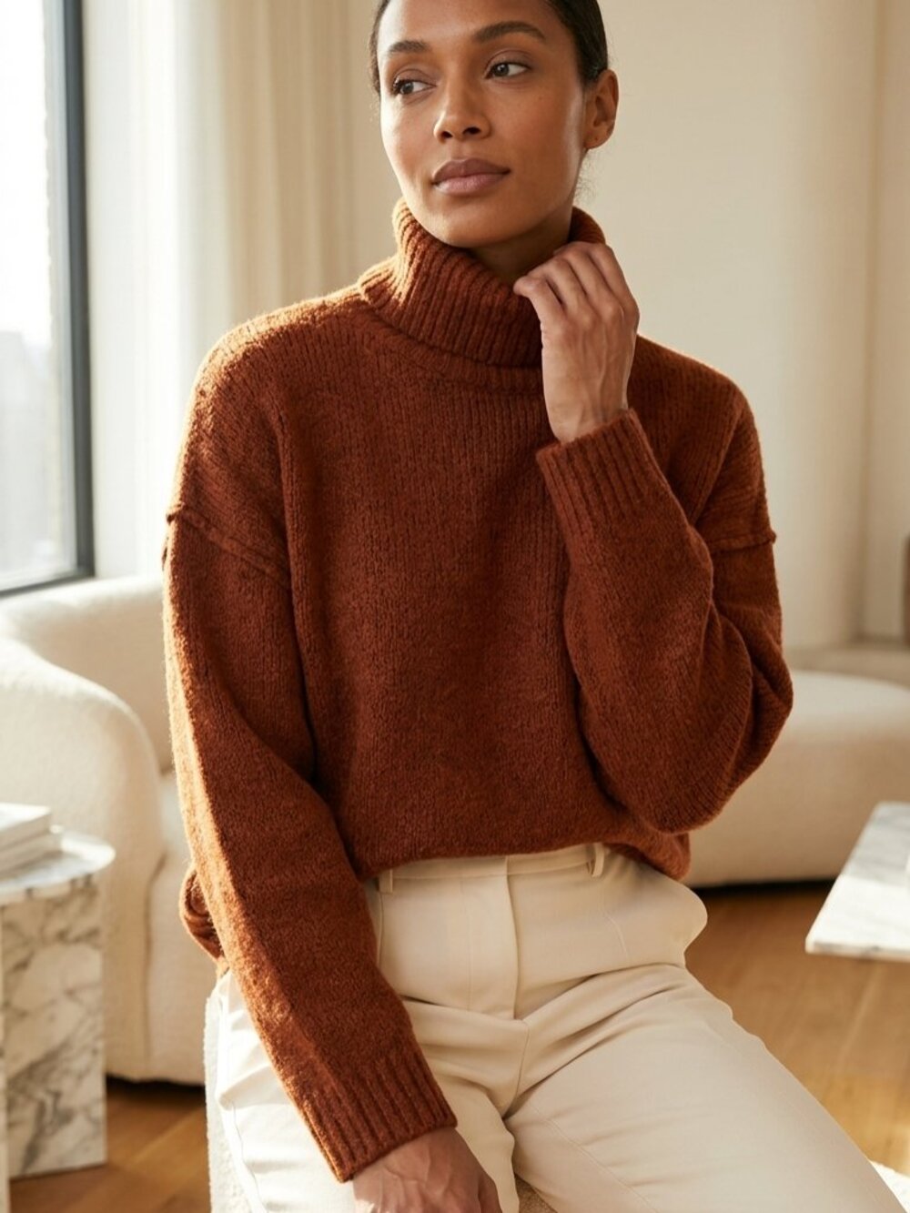PrettyGarden Oversized Chunky Turtleneck Sweater Rust Brown Size M